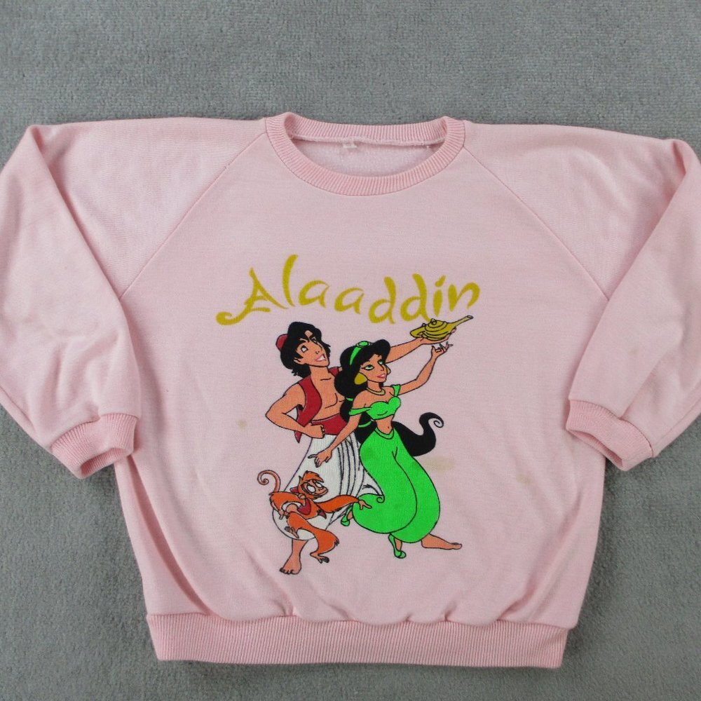 VINTAGE Aladdin Sweater Girls L Pink Genie Lamp Jasmine Monkey Youth Sweatshirt